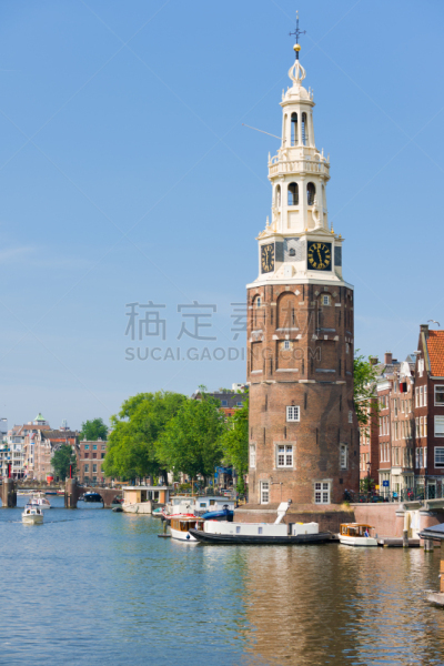 阿姆斯特丹,塔,垂直画幅,水,天空,客船,无人,古老的,早晨