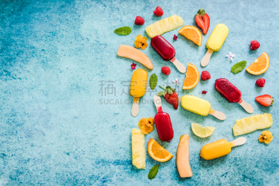 夏天,自然,国境线,可食用花,果汁冰糕,冰棒,芒果 ,排列整齐,留白,水平画幅