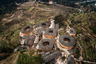 福建土楼,航拍视角,亚洲,传统,远古的,乡村,房屋,在上面,图像,美国