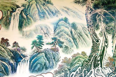 绘画艺术品,地形,自然,水平画幅,瀑布,书法,无人,户外,山