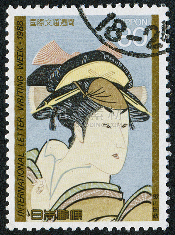 舞妓,邮票,艺妓,邮戳,垂直画幅,古老的,日本人,黑色背景,彩色图片,人的脸部