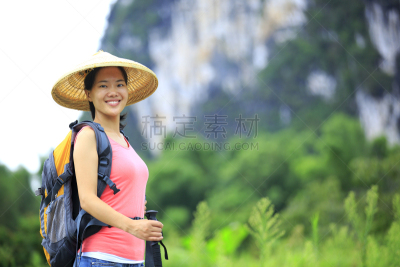 女人,徒步旅行,风景,桂林,天空,半身像,草帽,黑发,夏天,异国情调