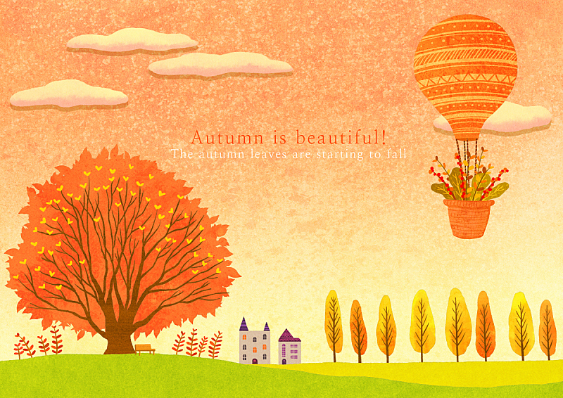 秋天,绘画插图,风景,插图画法,自然,季节,热气球,植物,背景,树