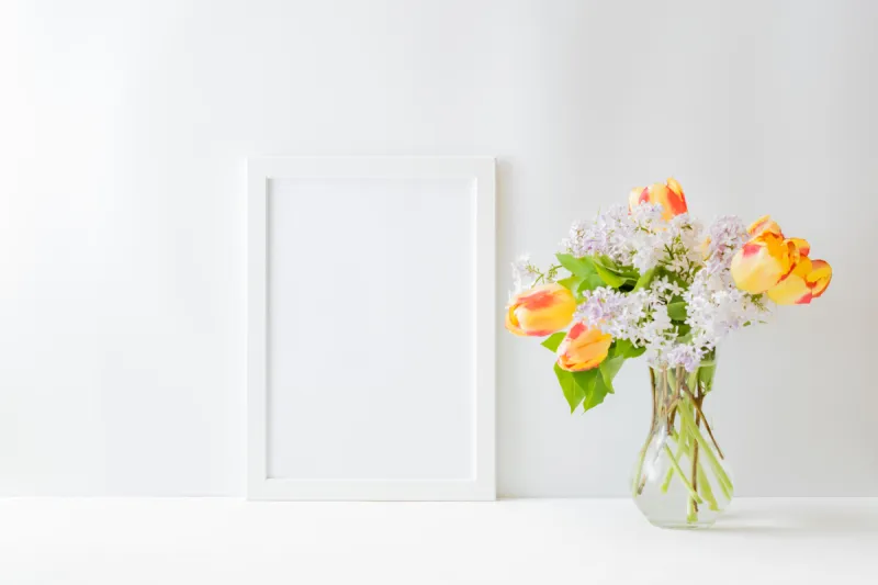 郁金香 背景 花瓶 边框 白色 住宅内部 装饰物 丁香花 黄色 枝图片素材下载 稿定素材