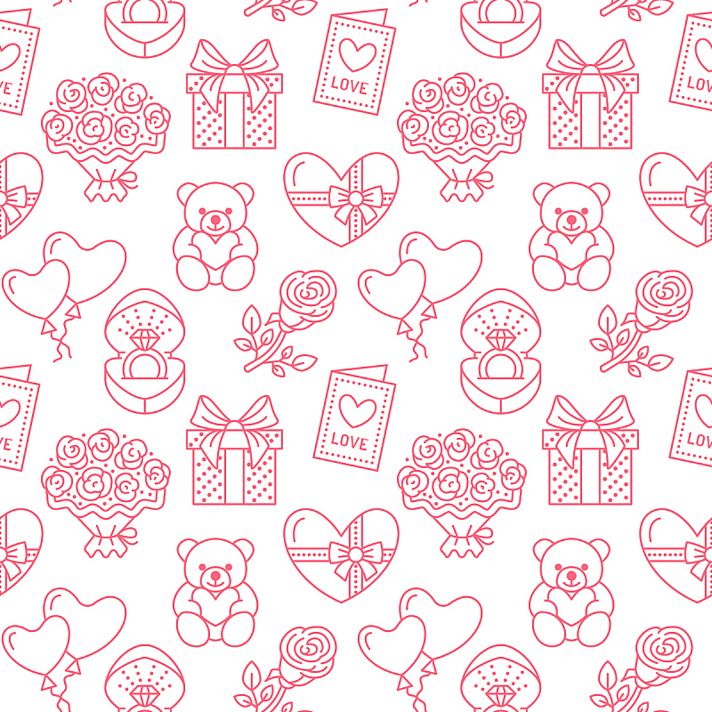 泰迪熊,线条,情人节卡,二月,四方连续纹样,情人节,红色,粉色,气球,平坦的
