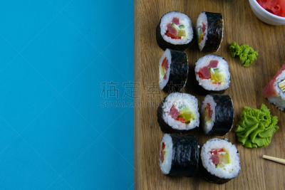 生鱼片寿司,木制,餐盘,寿司卷,美味,非凡的,天麸罗,视角,上装,卷起