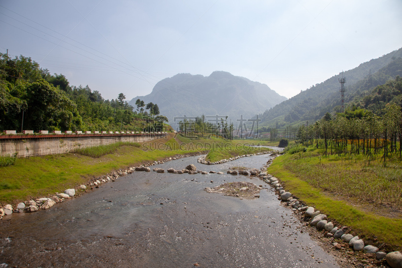 中国,河流,四川省,山,纯净,云景,云,池塘,植物,瀑布