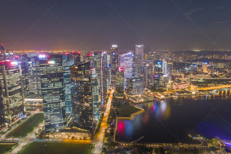 Aerial view Panoramic of the Singapore Skyline and Marina Bay, the marina is the centre of the economy in singapore, there are here all the building in singapore central