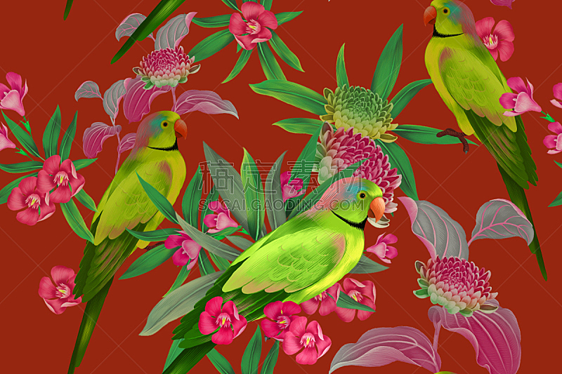四方连续纹样,鹦鹉,叶子,绿色,红色背景,可爱的,纺织品,野生动物,复古风格,翅膀