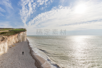白垩,悬崖,海滩,一个人,云,英国,英格兰,草,著名景点,自然美