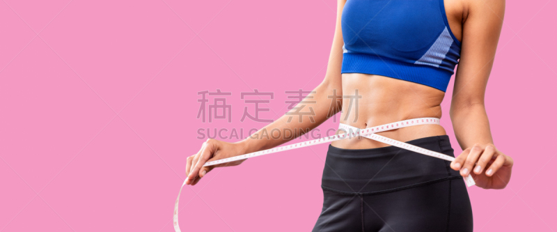 女性,躯干,女人,卷尺,粉色背景,概念,运动,背景分离,细的