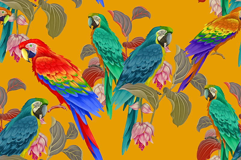 四方连续纹样,金刚鹦鹉,叶子,黄色背景,可爱的,纺织品,野生动物,复古风格,翅膀,动物
