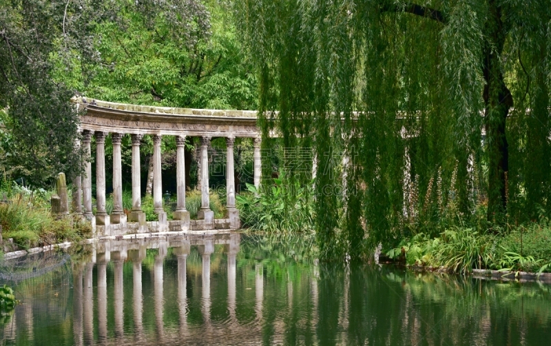法国,池塘,水,巴黎,古典风格,廊柱,蒙梭公园,公园,复古风格,草