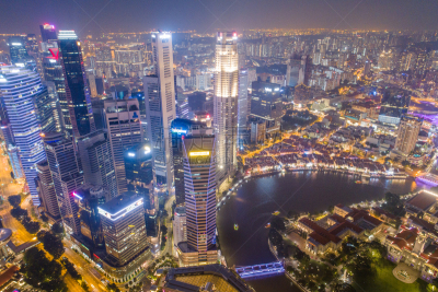Aerial view Panoramic of the Singapore Skyline and Marina Bay, the marina is the centre of the economy in singapore, there are here all the building in singapore central