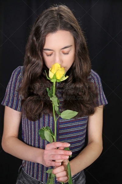 女人,黄色,花