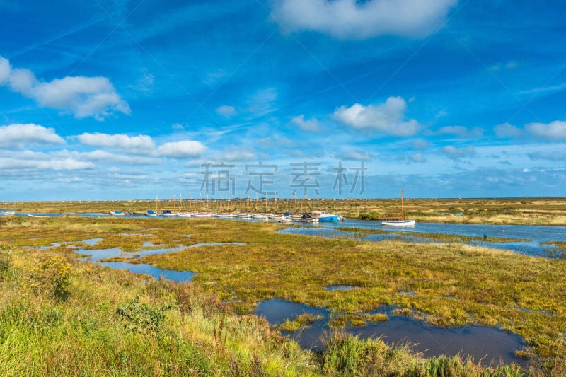 小路,沼泽,布莱克尼,摄像机拍摄角度,英国,英格兰,船,潮水坑,海岸线,夏天