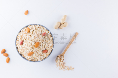 麦片,成分,坚果,杏仁,白色背景,早餐,干的,花生,留白