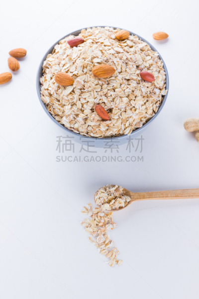 麦片,成分,坚果,杏仁,白色背景,早餐,干的,花生,留白
