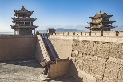 甘肃省,嘉峪关市,明朝风格,了望塔,天空,水平画幅,墙,无人,古老的,户外