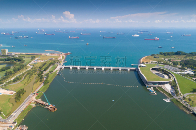 Aerial view Panoramic of the Singapore Skyline and Marina Bay, the marina is the centre of the economy in singapore, there are here all the building in singapore central
