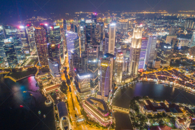 Aerial view Panoramic of the Singapore Skyline and Marina Bay, the marina is the centre of the economy in singapore, there are here all the building in singapore central