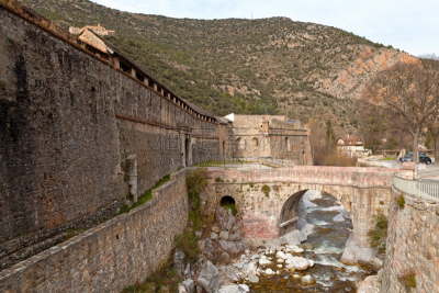 Fortified walls of the village of Villefranche-de-Conflent in the department of Pyrénées-Orientales, in the region of Occitanie.