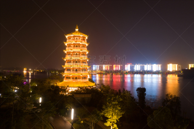 中国,湖,湿地,夜晚,东莞,广东省,公园,传统,暗色,黄昏