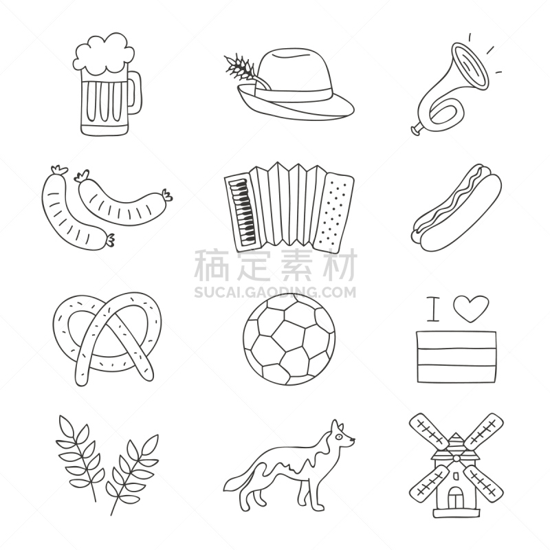 Set of German icons on a white background.