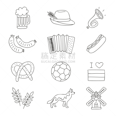Set of German icons on a white background.