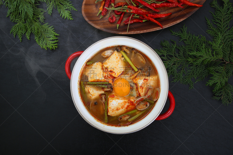 韩国食物,豆腐,锅,热,食品,豆腐汤锅,日式火锅菜,辣酱,香料,焖菜