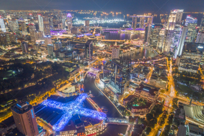 Aerial view Panoramic of the Singapore Skyline and Marina Bay, the marina is the centre of the economy in singapore, there are here all the building of all the majors bank and insurance.