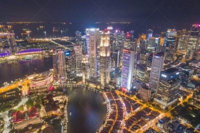 Aerial view Panoramic of the Singapore Skyline and Marina Bay, the marina is the centre of the economy in singapore, there are here all the building of all the majors bank and insurance.