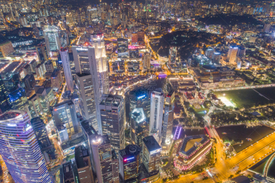 Aerial view Panoramic of the Singapore Skyline and Marina Bay, the marina is the centre of the economy in singapore, there are here all the building of all the majors bank and insurance.