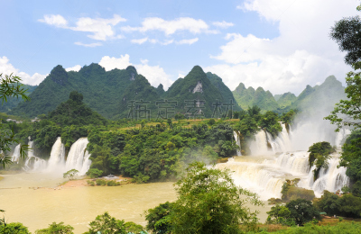 中国,广西壮族自治区,德天瀑布,越南北部,水,天空,水平画幅,瀑布,湿,热带雨林