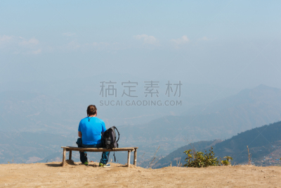 长椅,加德满都,尼泊尔,看,纳加库特,男人,山,视角,著名景点,坐