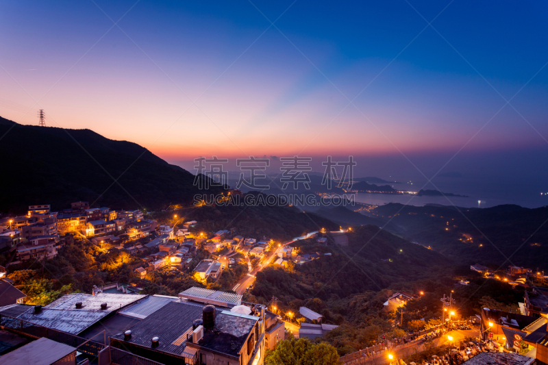 九份,茶馆,水平画幅,山,夜晚,无人,曙暮光,户外,都市风景,著名景点
