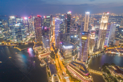 Aerial view Panoramic of the Singapore Skyline and Marina Bay, the marina is the centre of the economy in singapore, there are here all the building in singapore central