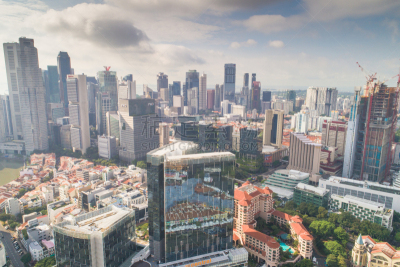Aerial view Panoramic of the Singapore Skyline and Marina Bay, the marina is the centre of the economy in singapore, there are here all the building in singapore central