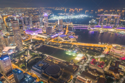 Aerial view Panoramic of the Singapore Skyline and Marina Bay, the marina is the centre of the economy in singapore, there are here all the building in singapore central