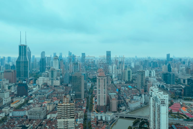 上海,航拍视角,全景,天空,度假胜地,水平画幅,云,无人,黄浦江,户外