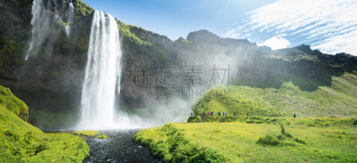 冰岛国,Seljalandsfoss Waterfall,夏天,环境,著名景点,梦想,河流,瀑布,流动,花