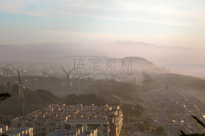 风轮机,雾,碧洋海滩,航拍视角,荷兰,旧金山,城市生活,风,环境