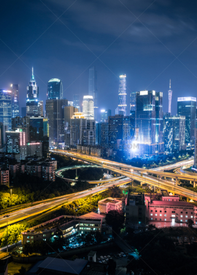 夜晚,广州,城市天际线,垂直画幅,新的,高视角,无人,交通,户外,都市风景