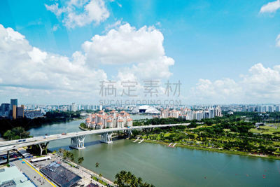 新加坡市,都市风景,航拍视角,滨海湾 ,水,天空,留白,水平画幅,高视角,新加坡