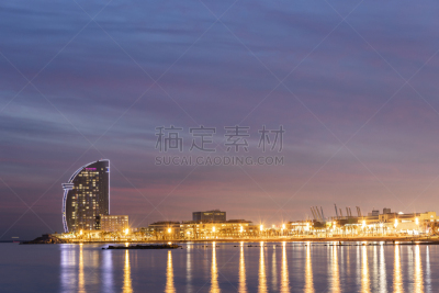 海岸线,都市风景,夜晚,巴塞罗那,帆,曙暮光,现代,著名景点,地中海,户外