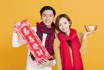 幸福,青年伴侣,汉字,春节,传统,2020,背景分离,新年前夕,异性恋,女人