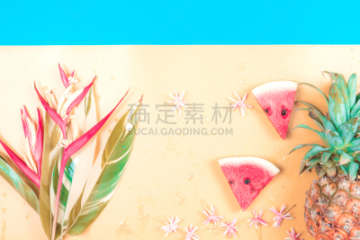 清新,平铺,水果,夏天,极简构图,概念,海里康属,菠萝,黄色