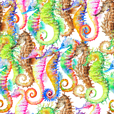 多色的,四方连续纹样,海马,水彩画