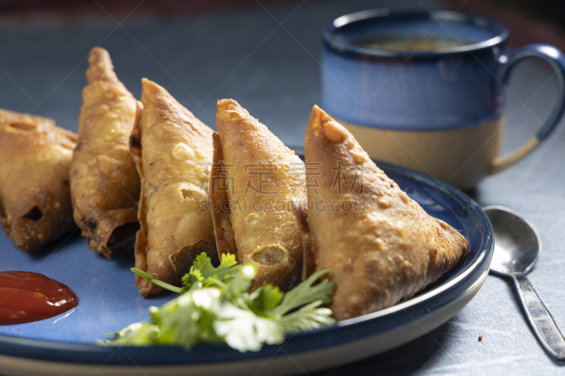 炸制食物,咖喱角,香旱芹菜,深的,蔬菜,清新,香料,食品,迅速,番茄酱