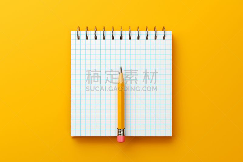 铅笔,黄色背景,白色,螺旋记事本,黄色,商务,螺线,空的,彩色背景,橡皮擦
